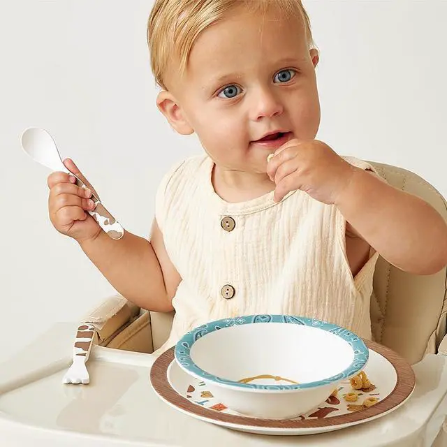 Alt view image 3 of 7 - Kids Dinnerware Set Toddler Mealtime Dining Set for Ages 6+ Months with Melamine Plate, Bowl, Fork & Spoon - Dishwasher Safe Baby Feeding Set For Independent Eating (Western)
