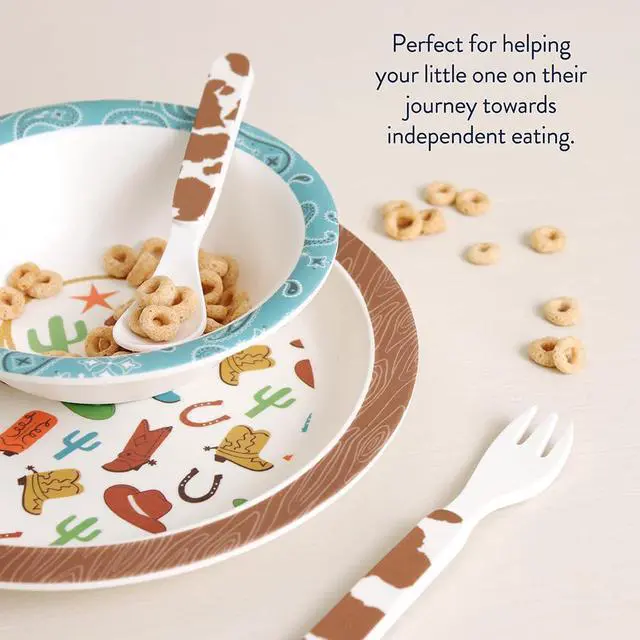 Alt view image 5 of 7 - Kids Dinnerware Set Toddler Mealtime Dining Set for Ages 6+ Months with Melamine Plate, Bowl, Fork & Spoon - Dishwasher Safe Baby Feeding Set For Independent Eating (Western)