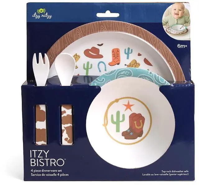 Alt view image 7 of 7 - Kids Dinnerware Set Toddler Mealtime Dining Set for Ages 6+ Months with Melamine Plate, Bowl, Fork & Spoon - Dishwasher Safe Baby Feeding Set For Independent Eating (Western)
