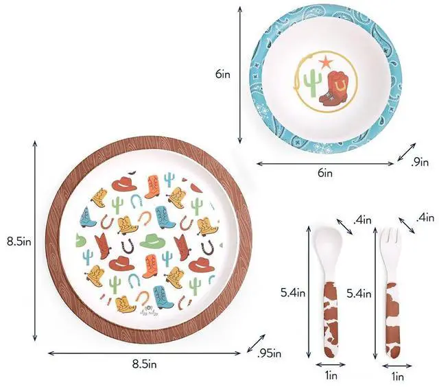 Alt view image 6 of 7 - Kids Dinnerware Set Toddler Mealtime Dining Set for Ages 6+ Months with Melamine Plate, Bowl, Fork & Spoon - Dishwasher Safe Baby Feeding Set For Independent Eating (Western)