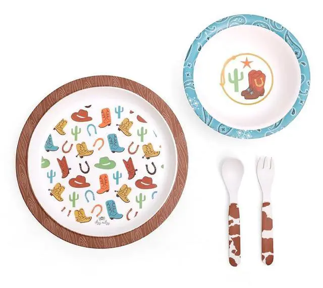 Main image of Kids Dinnerware Set Toddler Mealtime Dining Set for Ages 6+ Months with Melamine Plate, Bowl, Fork & Spoon - Dishwasher Safe Baby Feeding Set For Independent Eating (Western)