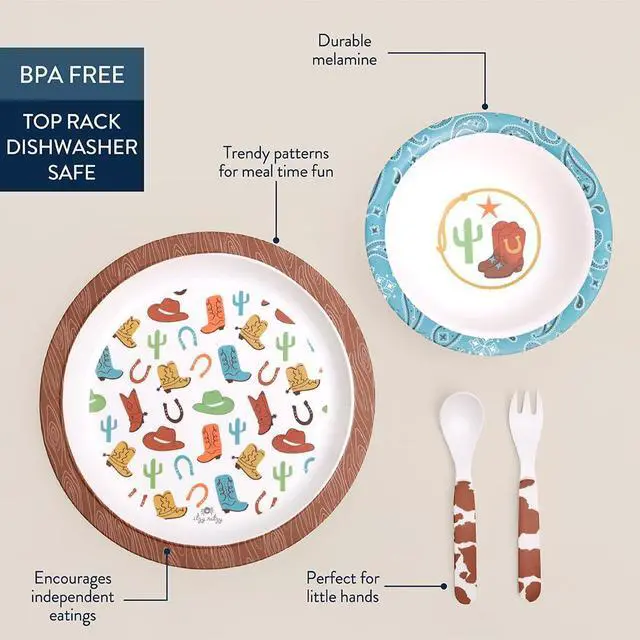 Alt view image 4 of 7 - Kids Dinnerware Set Toddler Mealtime Dining Set for Ages 6+ Months with Melamine Plate, Bowl, Fork & Spoon - Dishwasher Safe Baby Feeding Set For Independent Eating (Western)
