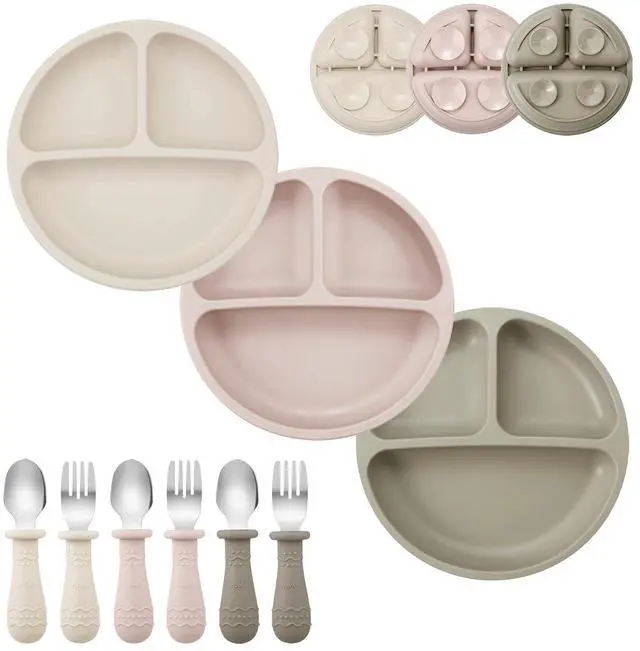 Main image of 9-Piece Toddler Plates & Utensils Set, 3-Pack Suction Plates with 3 Spoons & 3 Forks, Silicone Baby Feeding Set