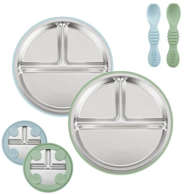 Main image of 2 Pack Stainless Steel Baby Suction Plates & 2 Pack Spoons, Toddler Utensils Baby Feeding Set, Divided Plates for Baby Led Weaning Supplies, BPA-Free (Blue/Green)