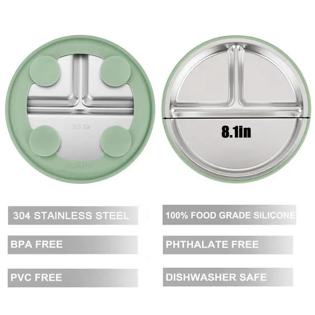 Alt view image 3 of 7 - 2 Pack Stainless Steel Baby Suction Plates & 2 Pack Spoons, Toddler Utensils Baby Feeding Set, Divided Plates for Baby Led Weaning Supplies, BPA-Free (Blue/Green)