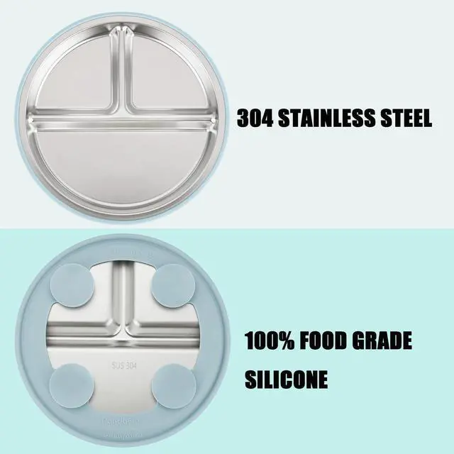 Alt view image 5 of 7 - 2 Pack Stainless Steel Baby Suction Plates & 2 Pack Spoons, Toddler Utensils Baby Feeding Set, Divided Plates for Baby Led Weaning Supplies, BPA-Free (Blue/Green)