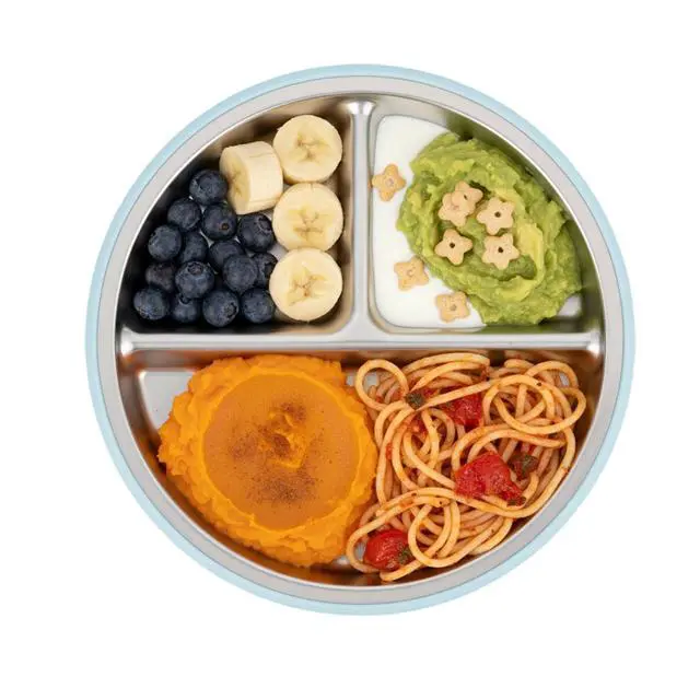 Alt view image 6 of 7 - 2 Pack Stainless Steel Baby Suction Plates & 2 Pack Spoons, Toddler Utensils Baby Feeding Set, Divided Plates for Baby Led Weaning Supplies, BPA-Free (Blue/Green)