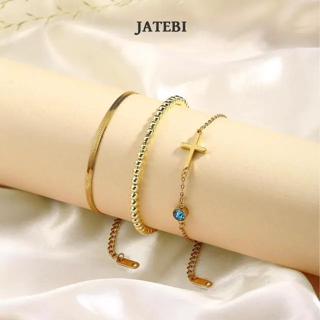 Alt view image 2 of 5 - 3PCS Initial Bracelets for Women - Birthstone Cross Bracelet, Herringbone Beaded Bracelets Stackable Valentines Day Birthday Gifts