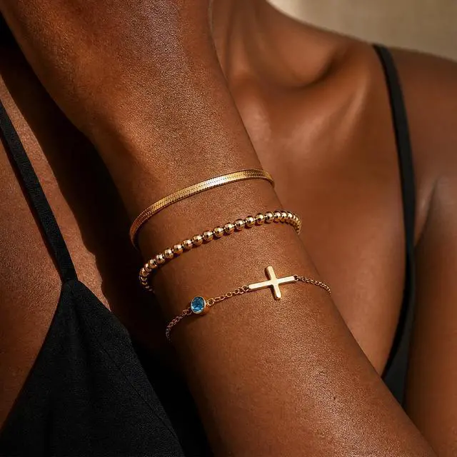 Alt view image 5 of 5 - 3PCS Initial Bracelets for Women - Birthstone Cross Bracelet, Herringbone Beaded Bracelets Stackable Valentines Day Birthday Gifts