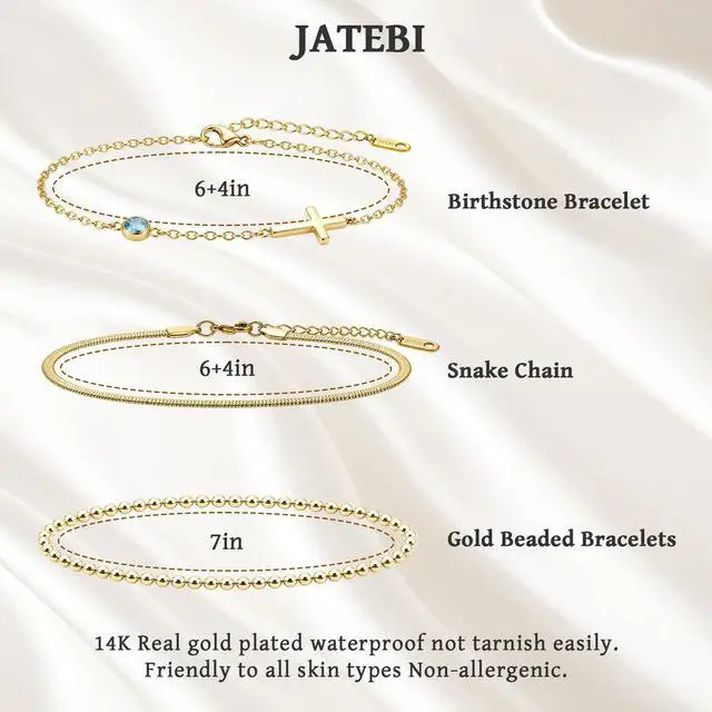 Alt view image 3 of 5 - 3PCS Initial Bracelets for Women - Birthstone Cross Bracelet, Herringbone Beaded Bracelets Stackable Valentines Day Birthday Gifts