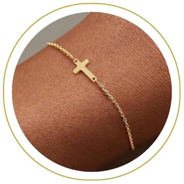 Main image of Cross Bracelet for Women Dainty 14k Gold Plated Cubic Zirconia Cute Tiny Bracelet Confirmation Gifts for Women