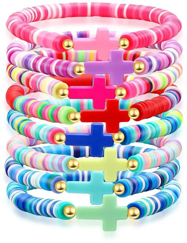 Main image of Cross Bracelet for Men Women Colorful Beaded Clay Elastic Stackable Stretch Bracelets Christian Jewelry Gifts