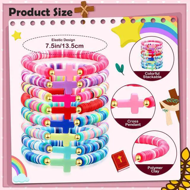 Alt view image 2 of 6 - Cross Bracelet for Men Women Colorful Beaded Clay Elastic Stackable Stretch Bracelets Christian Jewelry Gifts