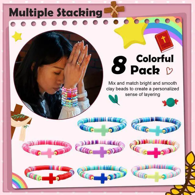 Alt view image 3 of 6 - Cross Bracelet for Men Women Colorful Beaded Clay Elastic Stackable Stretch Bracelets Christian Jewelry Gifts