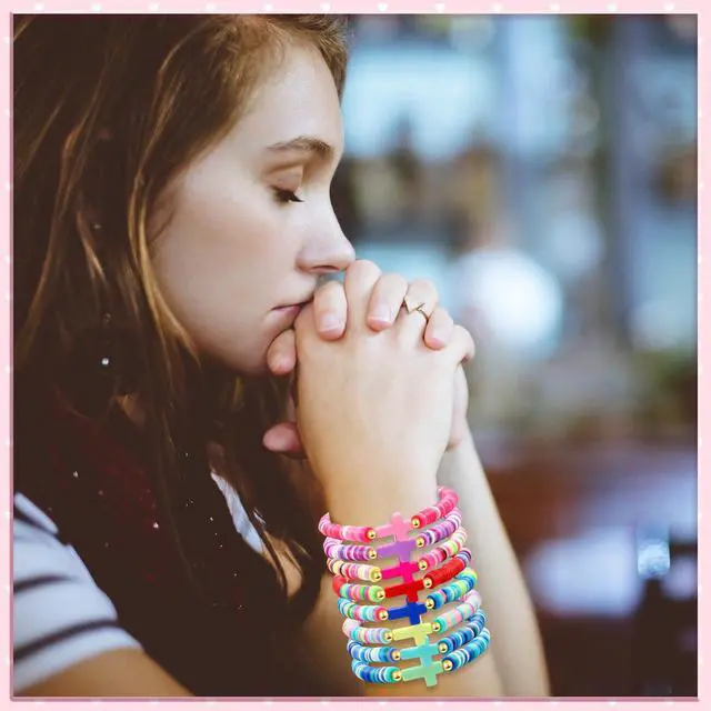 Alt view image 6 of 6 - Cross Bracelet for Men Women Colorful Beaded Clay Elastic Stackable Stretch Bracelets Christian Jewelry Gifts
