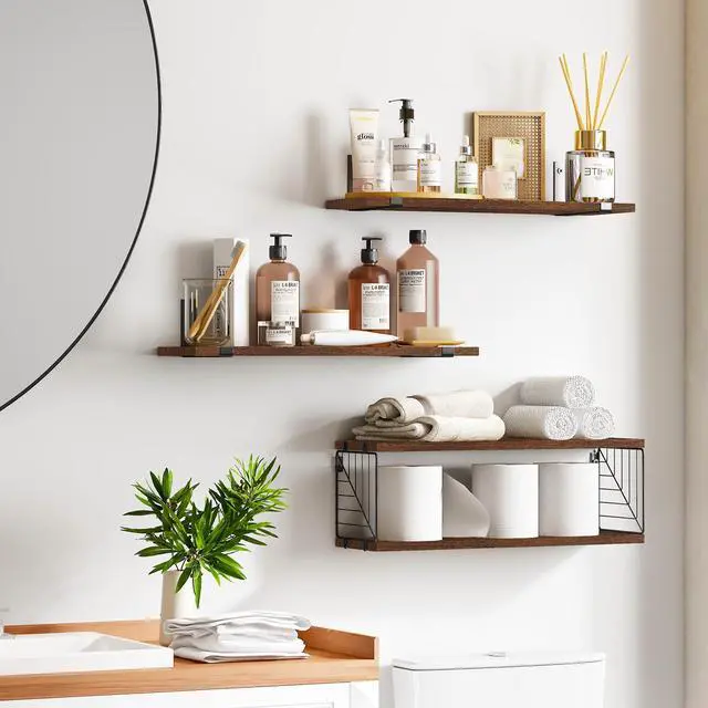 Alt view image 2 of 7 - Bathroom Floating Shelves Over Toilet, 15.8in Farmhouse Rustic Wood Shelves, Wall Decor for Bathroom, Living Room, Bedroom and Kitchen (3 Plus 1 Tier Dark Brown)