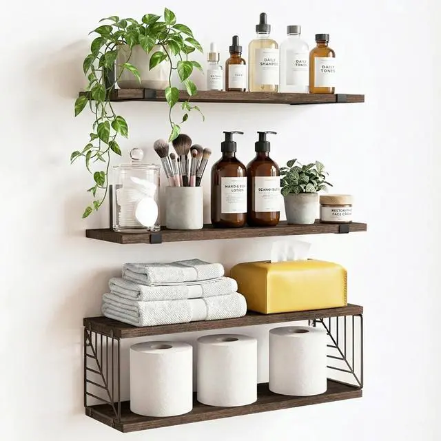Main image of Bathroom Floating Shelves Over Toilet, 15.8in Farmhouse Rustic Wood Shelves, Wall Decor for Bathroom, Living Room, Bedroom and Kitchen (3 Plus 1 Tier Dark Brown)