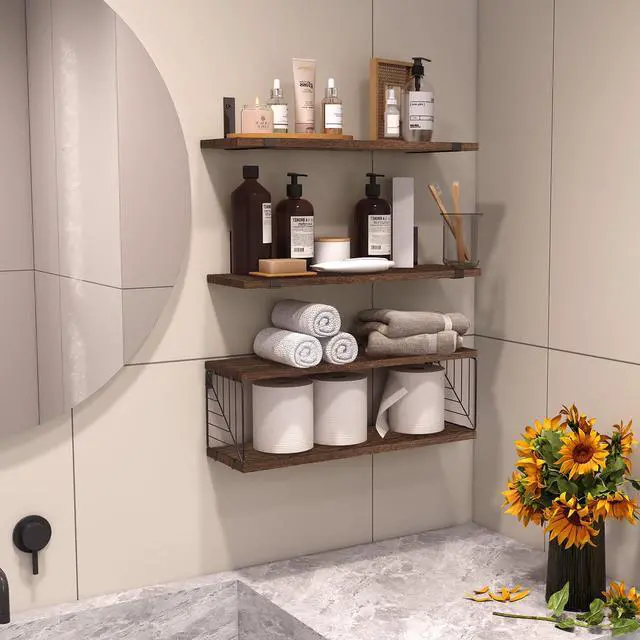 Alt view image 5 of 7 - Bathroom Floating Shelves Over Toilet, 15.8in Farmhouse Rustic Wood Shelves, Wall Decor for Bathroom, Living Room, Bedroom and Kitchen (3 Plus 1 Tier Dark Brown)