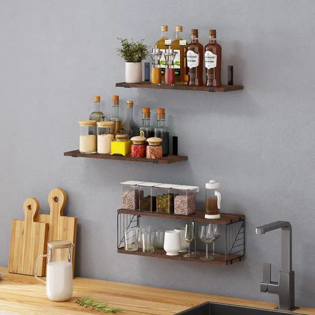 Alt view image 7 of 7 - Bathroom Floating Shelves Over Toilet, 15.8in Farmhouse Rustic Wood Shelves, Wall Decor for Bathroom, Living Room, Bedroom and Kitchen (3 Plus 1 Tier Dark Brown)