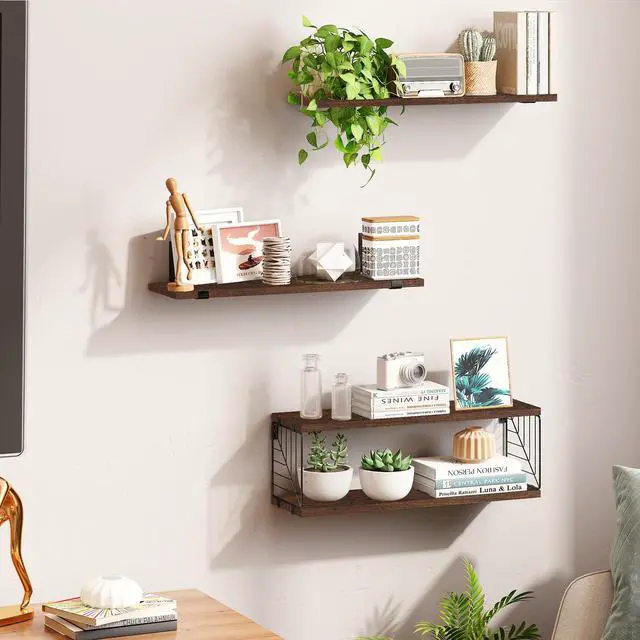 Alt view image 6 of 7 - Bathroom Floating Shelves Over Toilet, 15.8in Farmhouse Rustic Wood Shelves, Wall Decor for Bathroom, Living Room, Bedroom and Kitchen (3 Plus 1 Tier Dark Brown)