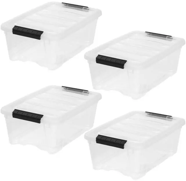 Main image of 4-Pack Storage Bins with Lids, 13 Quart, Made in USA Stackable See-Through Organizing Solution Latches Durable Nestable Containers Secure Pull Handle, BPA-Free Plastic