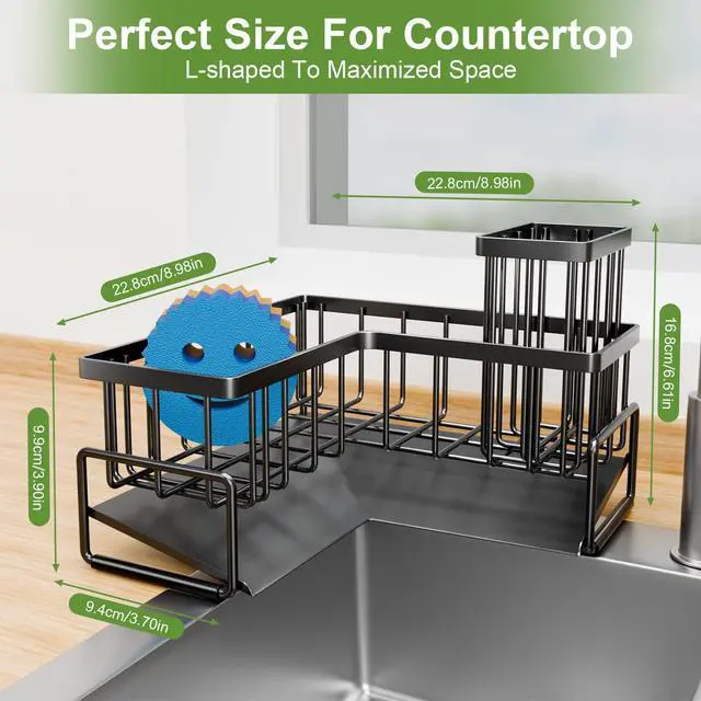 Alt view image 2 of 6 - Large Sponge Holder for Kitchen Sink, 90-Degree Sink Caddy Organizer with Dish Brush Holder for Countertop Corner Storage Rack, Metal L-Shaped Kitchen Sink Sponge Soap Organizer Storage Ideas