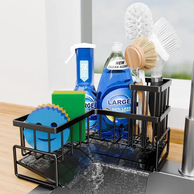 Main image of Large Sponge Holder for Kitchen Sink, 90-Degree Sink Caddy Organizer with Dish Brush Holder for Countertop Corner Storage Rack, Metal L-Shaped Kitchen Sink Sponge Soap Organizer Storage Ideas