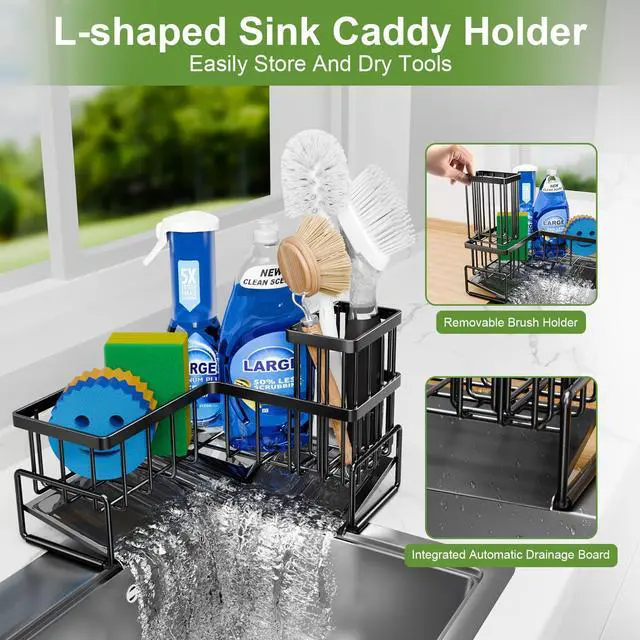 Alt view image 3 of 6 - Large Sponge Holder for Kitchen Sink, 90-Degree Sink Caddy Organizer with Dish Brush Holder for Countertop Corner Storage Rack, Metal L-Shaped Kitchen Sink Sponge Soap Organizer Storage Ideas