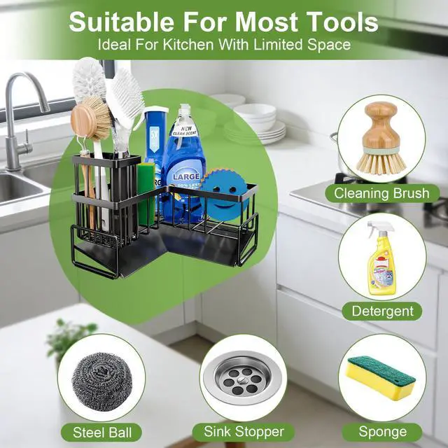 Alt view image 4 of 6 - Large Sponge Holder for Kitchen Sink, 90-Degree Sink Caddy Organizer with Dish Brush Holder for Countertop Corner Storage Rack, Metal L-Shaped Kitchen Sink Sponge Soap Organizer Storage Ideas