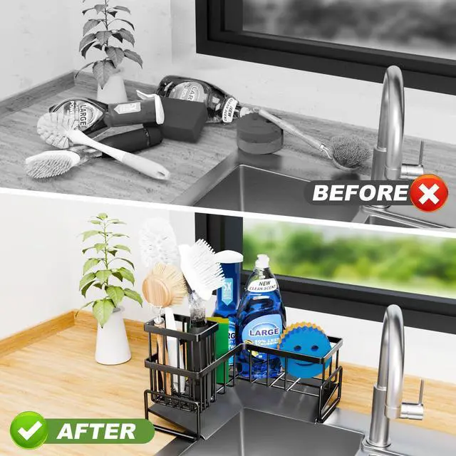 Alt view image 5 of 6 - Large Sponge Holder for Kitchen Sink, 90-Degree Sink Caddy Organizer with Dish Brush Holder for Countertop Corner Storage Rack, Metal L-Shaped Kitchen Sink Sponge Soap Organizer Storage Ideas