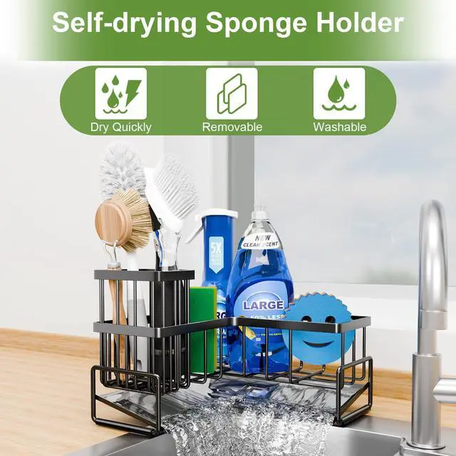 Alt view image 6 of 6 - Large Sponge Holder for Kitchen Sink, 90-Degree Sink Caddy Organizer with Dish Brush Holder for Countertop Corner Storage Rack, Metal L-Shaped Kitchen Sink Sponge Soap Organizer Storage Ideas