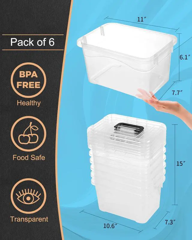 Alt view image 2 of 7 - Plastic Storage Bins with Lids 6 Packs, 7 Quart Storage Organizer Bins with Buckle-Up Latches and Handle, Stackable Storage Containers for Home Pantry Office Classroom Organization, Clear