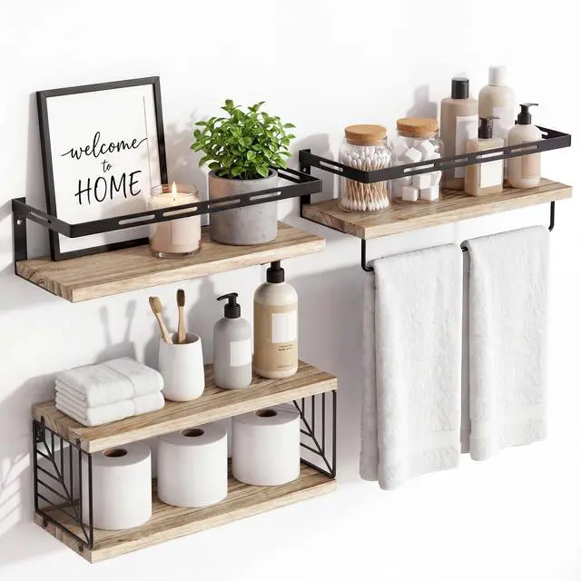 Main image of Bathroom Shelves Over Toilet, Floating Shelves Wall Mounted with Metal Frame and Towel Bar for Bathroom, Kitchen, Bedroom, Living Room (3 Plus 1 Rustic Brown)