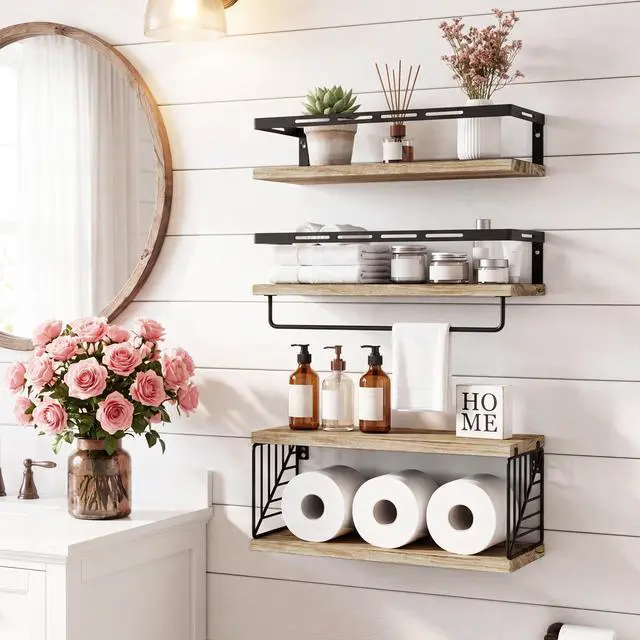 Alt view image 4 of 7 - Bathroom Shelves Over Toilet, Floating Shelves Wall Mounted with Metal Frame and Towel Bar for Bathroom, Kitchen, Bedroom, Living Room (3 Plus 1 Rustic Brown)