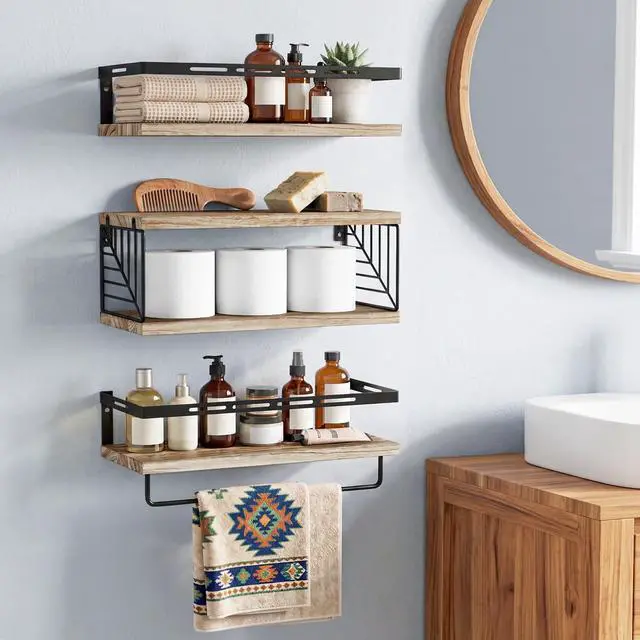 Alt view image 5 of 7 - Bathroom Shelves Over Toilet, Floating Shelves Wall Mounted with Metal Frame and Towel Bar for Bathroom, Kitchen, Bedroom, Living Room (3 Plus 1 Rustic Brown)