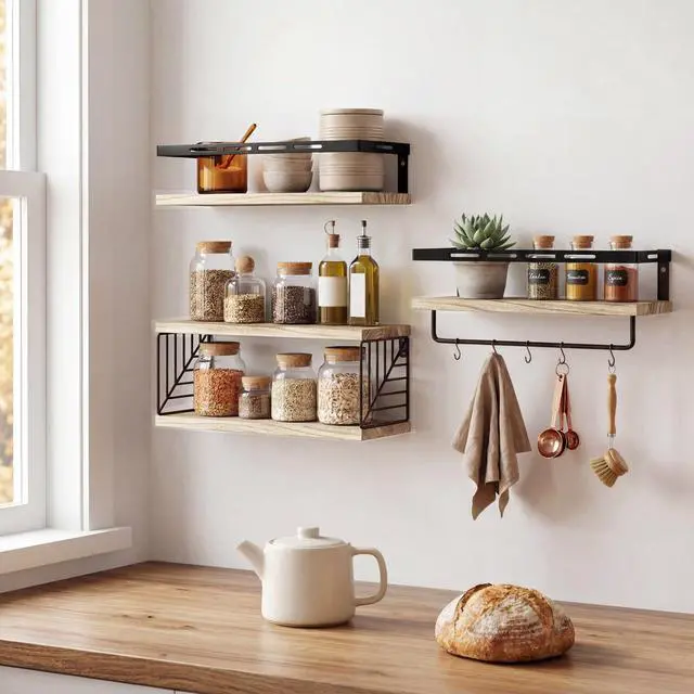 Alt view image 7 of 7 - Bathroom Shelves Over Toilet, Floating Shelves Wall Mounted with Metal Frame and Towel Bar for Bathroom, Kitchen, Bedroom, Living Room (3 Plus 1 Rustic Brown)