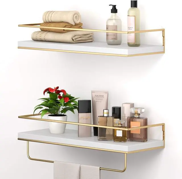 Main image of White Floating Shelves - Set of 2, Wall Mounted Hanging Shelves with Golden Towel Rack, Decorative Storage Shelves for Bathroom, Kitchen, Living Room & Bedroom (White Gold, 15.7 Inches)