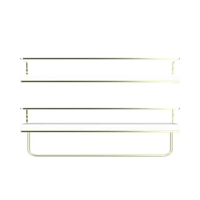 Alt view image 4 of 7 - White Floating Shelves - Set of 2, Wall Mounted Hanging Shelves with Golden Towel Rack, Decorative Storage Shelves for Bathroom, Kitchen, Living Room & Bedroom (White Gold, 15.7 Inches)
