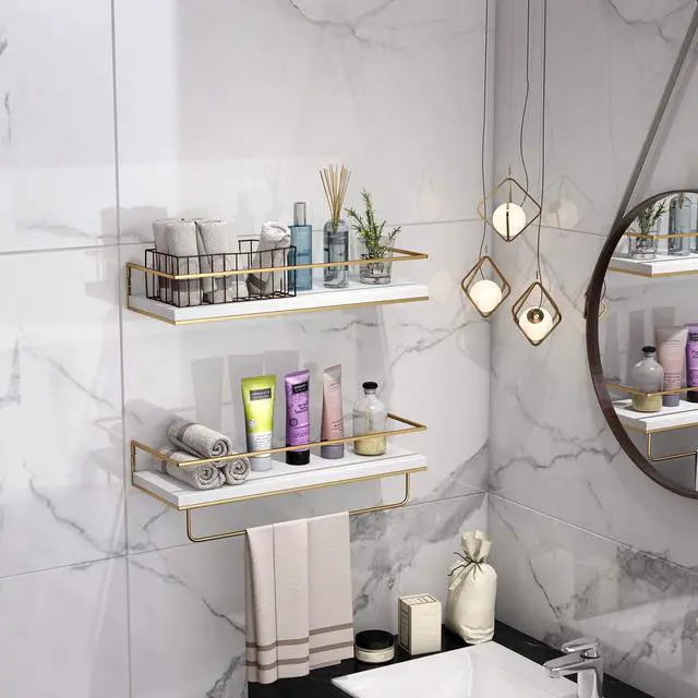 Alt view image 2 of 7 - White Floating Shelves - Set of 2, Wall Mounted Hanging Shelves with Golden Towel Rack, Decorative Storage Shelves for Bathroom, Kitchen, Living Room & Bedroom (White Gold, 15.7 Inches)