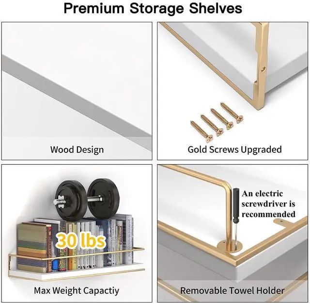 Alt view image 6 of 7 - White Floating Shelves - Set of 2, Wall Mounted Hanging Shelves with Golden Towel Rack, Decorative Storage Shelves for Bathroom, Kitchen, Living Room & Bedroom (White Gold, 15.7 Inches)