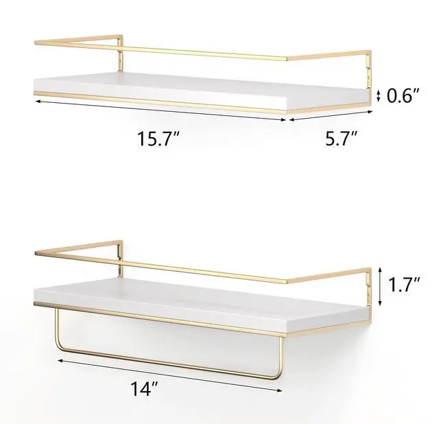 Alt view image 7 of 7 - White Floating Shelves - Set of 2, Wall Mounted Hanging Shelves with Golden Towel Rack, Decorative Storage Shelves for Bathroom, Kitchen, Living Room & Bedroom (White Gold, 15.7 Inches)
