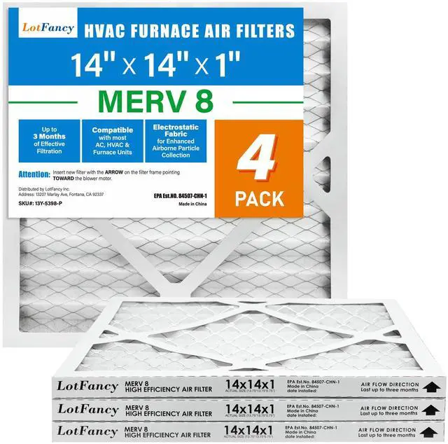 Main image of 14x14x1 Air Filter MERV 8 4-Pack, Electrostatic Pleated Furnace & AC Filter, Captures Dust, Pet Hair, Pollen, Actual Size: 13.75"x13.75"x0.75"
