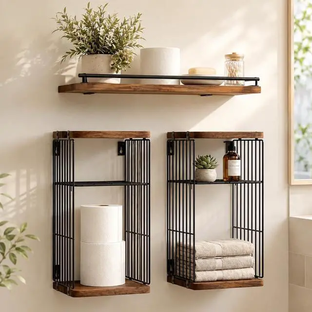 Main image of Floating Shelves for Bathroom,Over Toilet Storage & Wall Organization, Toilet Paper Holder,Rustic Farmhouse Decor 3 Piece Set