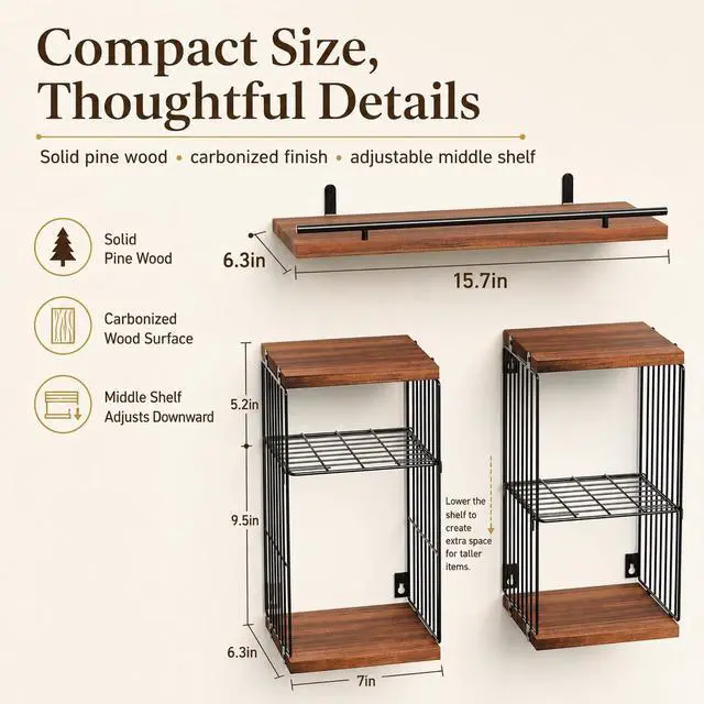 Alt view image 2 of 7 - Floating Shelves for Bathroom,Over Toilet Storage & Wall Organization, Toilet Paper Holder,Rustic Farmhouse Decor 3 Piece Set