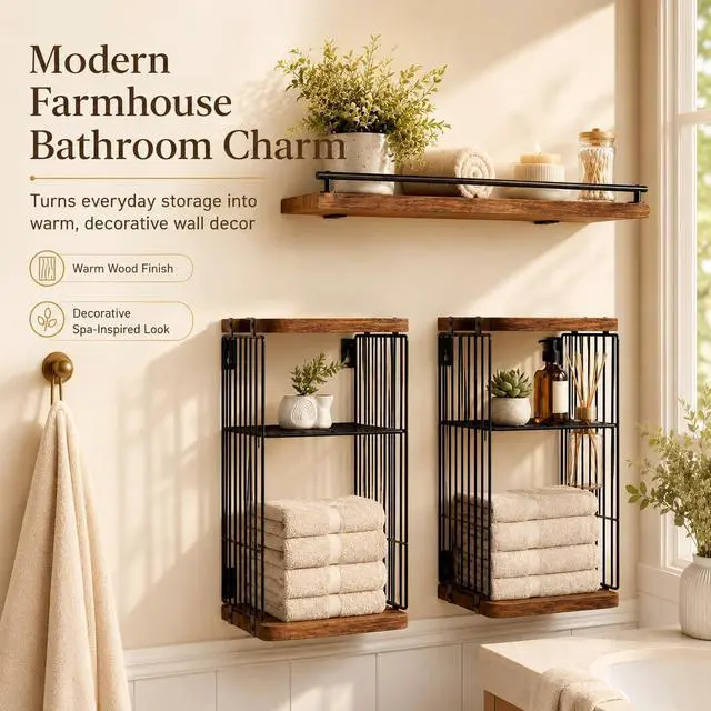 Alt view image 4 of 7 - Floating Shelves for Bathroom,Over Toilet Storage & Wall Organization, Toilet Paper Holder,Rustic Farmhouse Decor 3 Piece Set