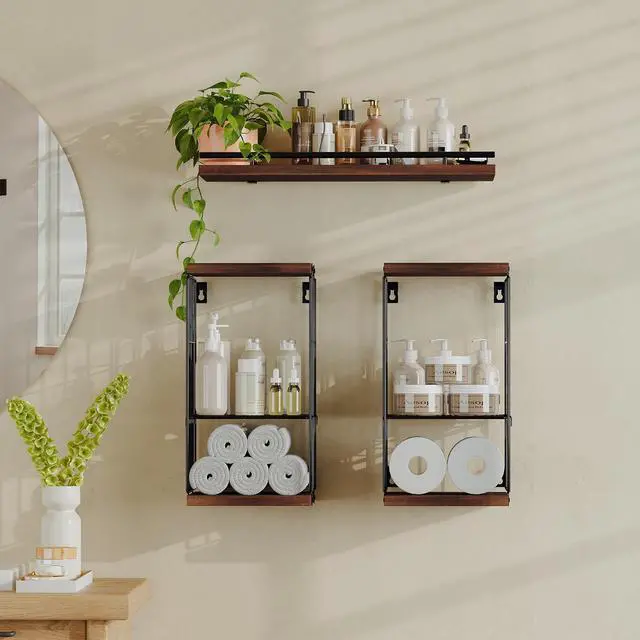 Alt view image 6 of 7 - Floating Shelves for Bathroom,Over Toilet Storage & Wall Organization, Toilet Paper Holder,Rustic Farmhouse Decor 3 Piece Set