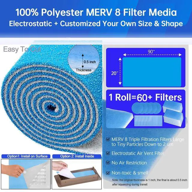 Alt view image 2 of 6 - Air Vent Filters,20''x90''Cut to Fit Air Filter Material (80+Filters),MERV 8 Electrostatic Air Vent Filter for Home Floor, Grilles, Ceiling, HVAC Furnace Vents, With 48PCs Adhesive Hook Tape