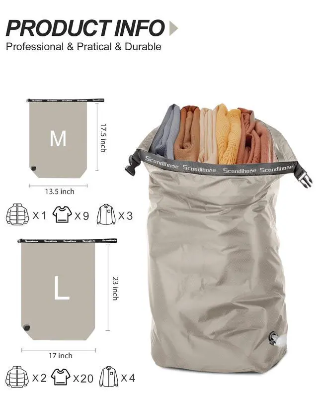 Alt view image 2 of 7 - Travel Laundry Bag, Pump Free Vacuum Storage Bag Reusable Compression Dirty Clothes Travel Bag Waterproof Wet Dry Bags Large Capacity Space Saver Bags Camp Clothes Organizer (1 Pcs)(Gray, L)