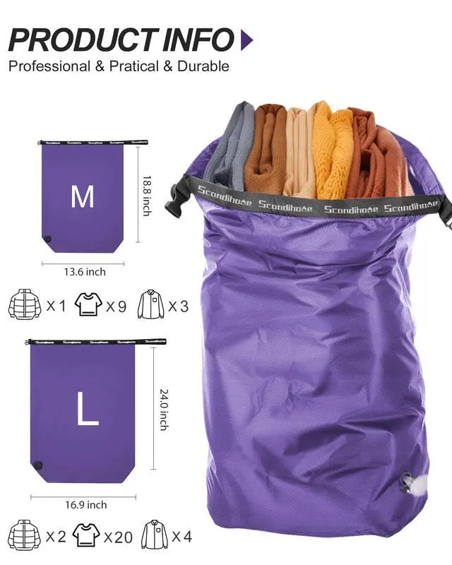 Alt view image 2 of 7 - Travel Laundry Bag, Pump Free Vacuum Storage Bag Reusable Compression Dirty Clothes Travel Bag Waterproof Wet Dry Bags Large Capacity Space Saver Bags Camp Clothes Organizer (1 Pcs)(Purple, L)