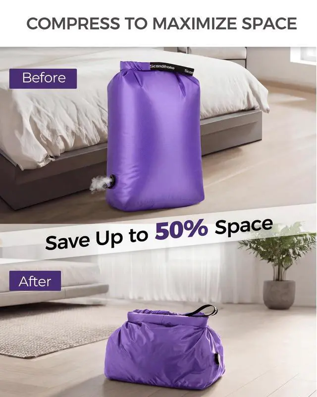 Alt view image 3 of 7 - Travel Laundry Bag, Pump Free Vacuum Storage Bag Reusable Compression Dirty Clothes Travel Bag Waterproof Wet Dry Bags Large Capacity Space Saver Bags Camp Clothes Organizer (1 Pcs)(Purple, L)